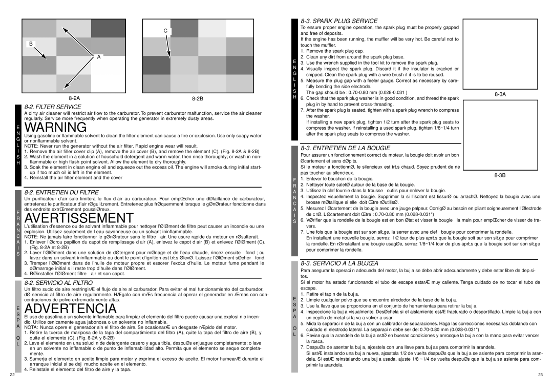 McCulloch FG7000MA, 7096-FG7008 user manual Spark Plug Service, Entretien DE LA Bougie, Servicio a LA Bujía 