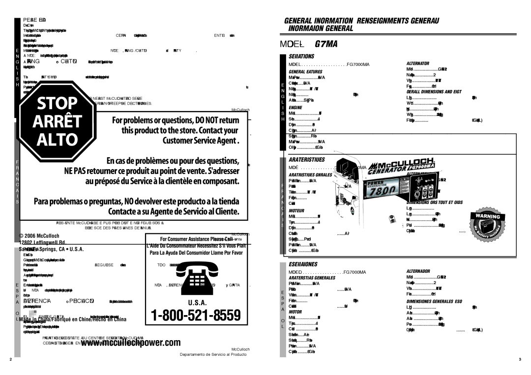 McCulloch FG7000MA, 7096-FG7008 user manual Specifications, Caracteristiques, Especificaciones 