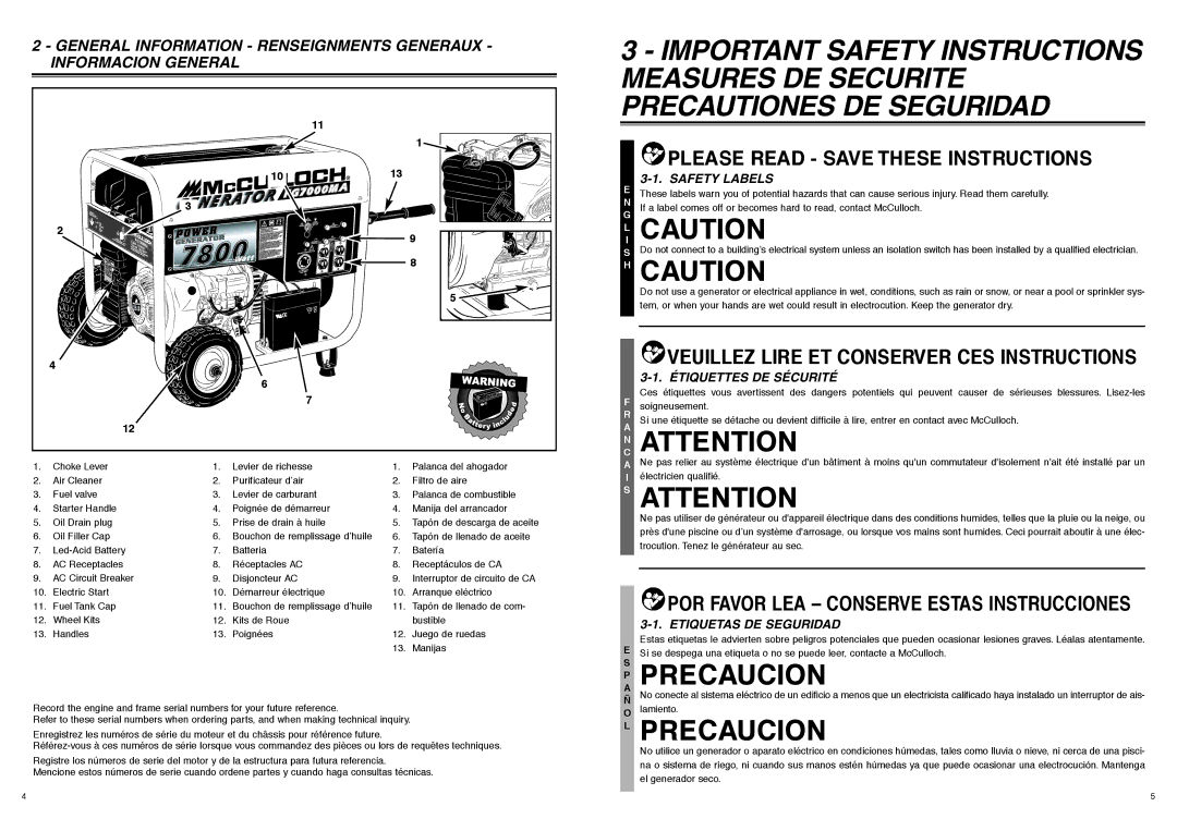 McCulloch 7096-FG7008, FG7000MA user manual Safety Labels, Étiquettes DE Sécurité, Etiquetas DE Seguridad 