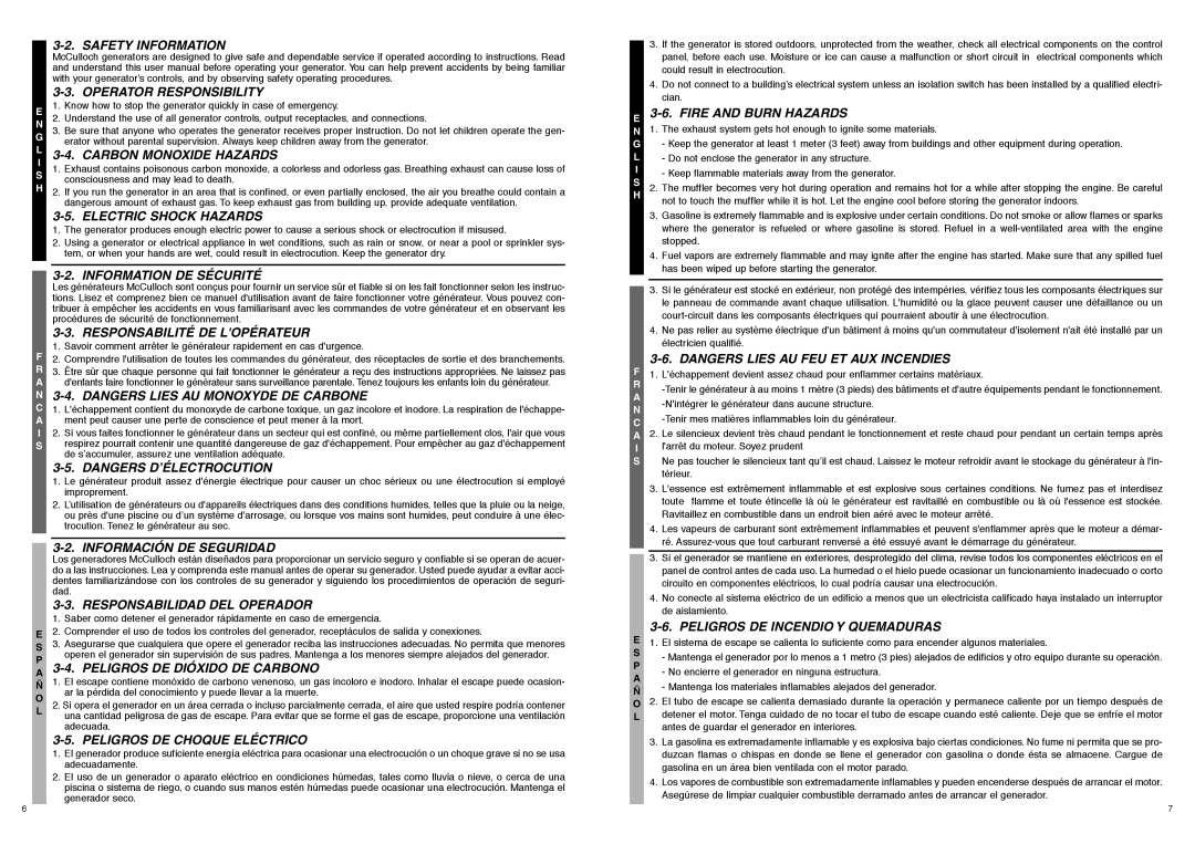 McCulloch FG7000MA user manual Safety Information Operator Responsibility, Electric Shock Hazards, Information DE Sécurité 