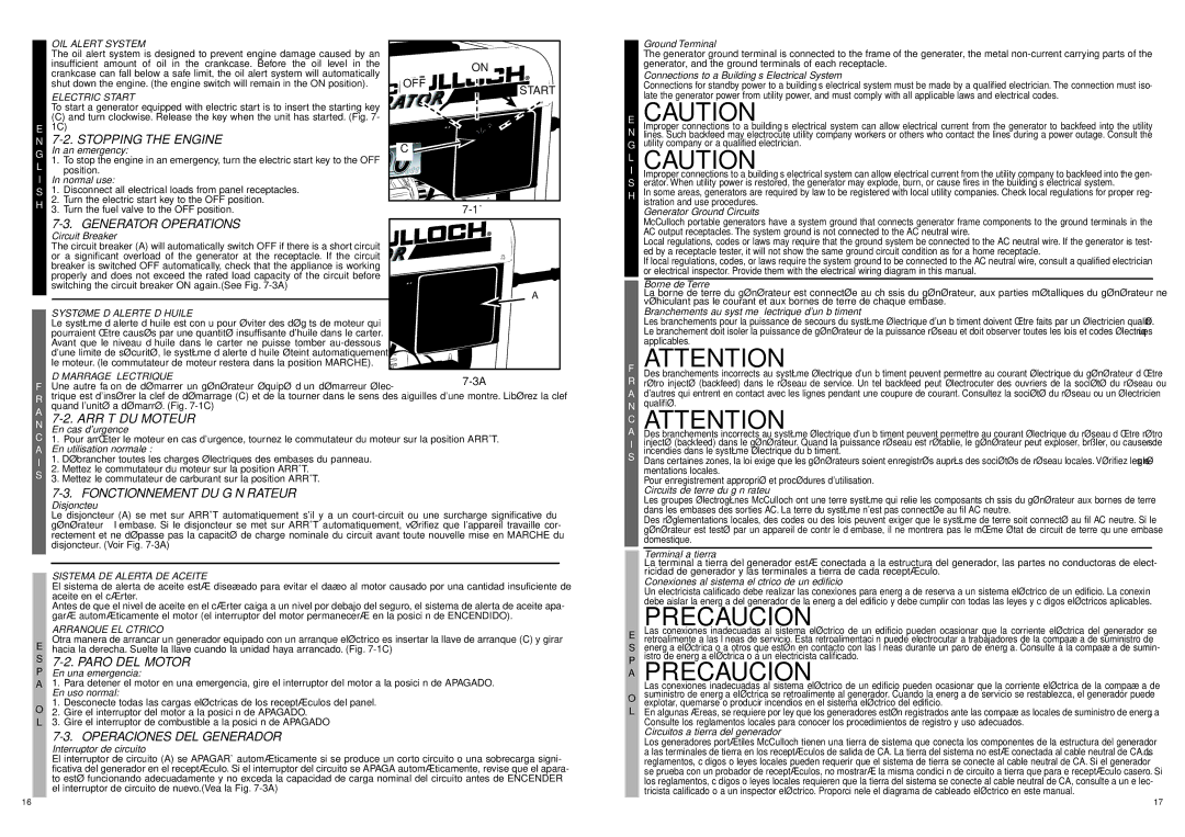 McCulloch 7096-FG7008, FG7000MA user manual Stopping the Engine, Generator Operations, Arrêt DU Moteur, Paro DEL Motor 