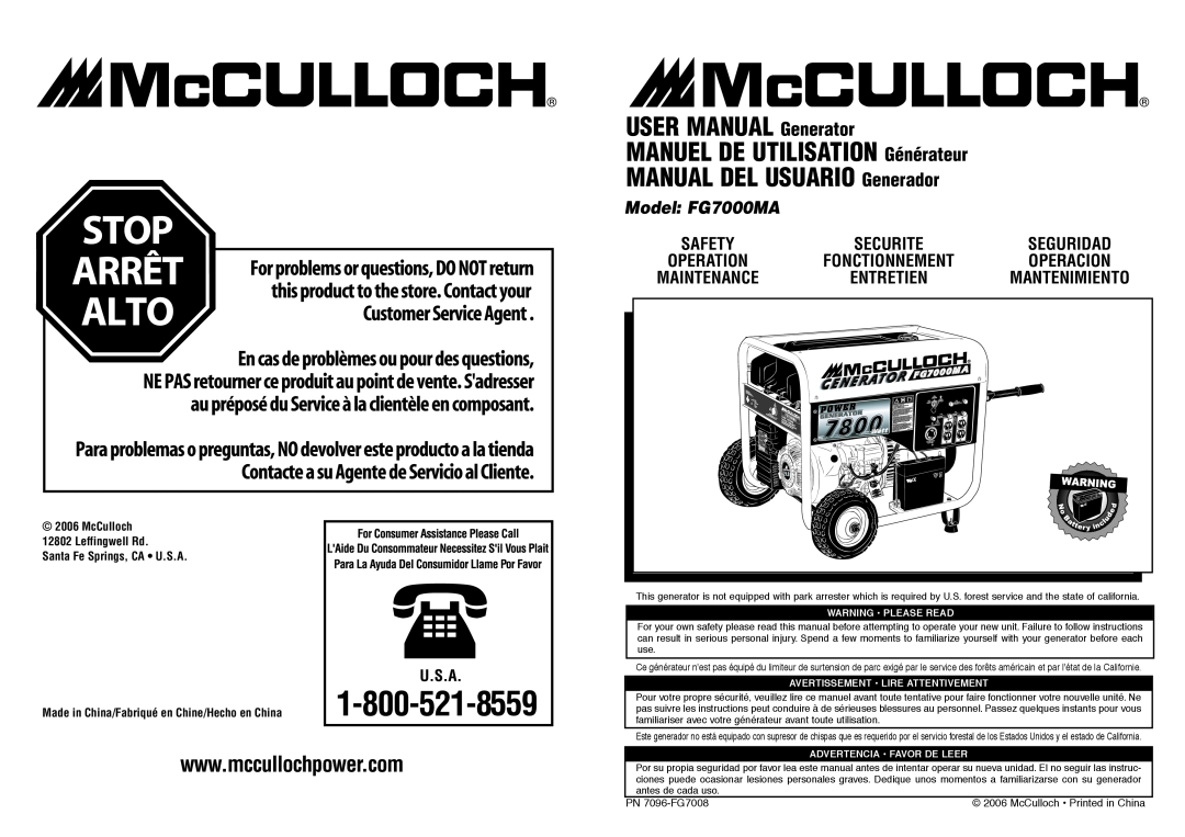 McCulloch 7096-FG7008 user manual MANUEL DE UTILISATION Générateur, MANUAL DEL USUARIO Generador, Model FG7000MA, Safety 
