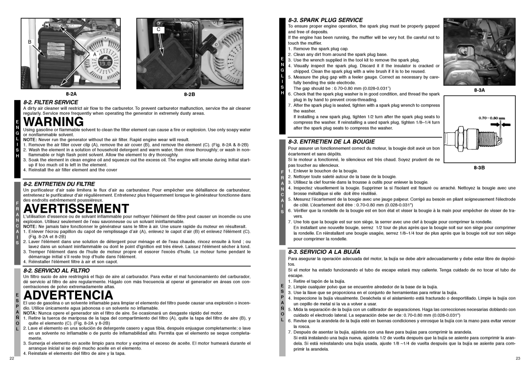 McCulloch FG7000MA, 7096-FG7008 user manual Spark Plug Service, Entretien De La Bougie, Servicio A La Bujía, 8-3A 