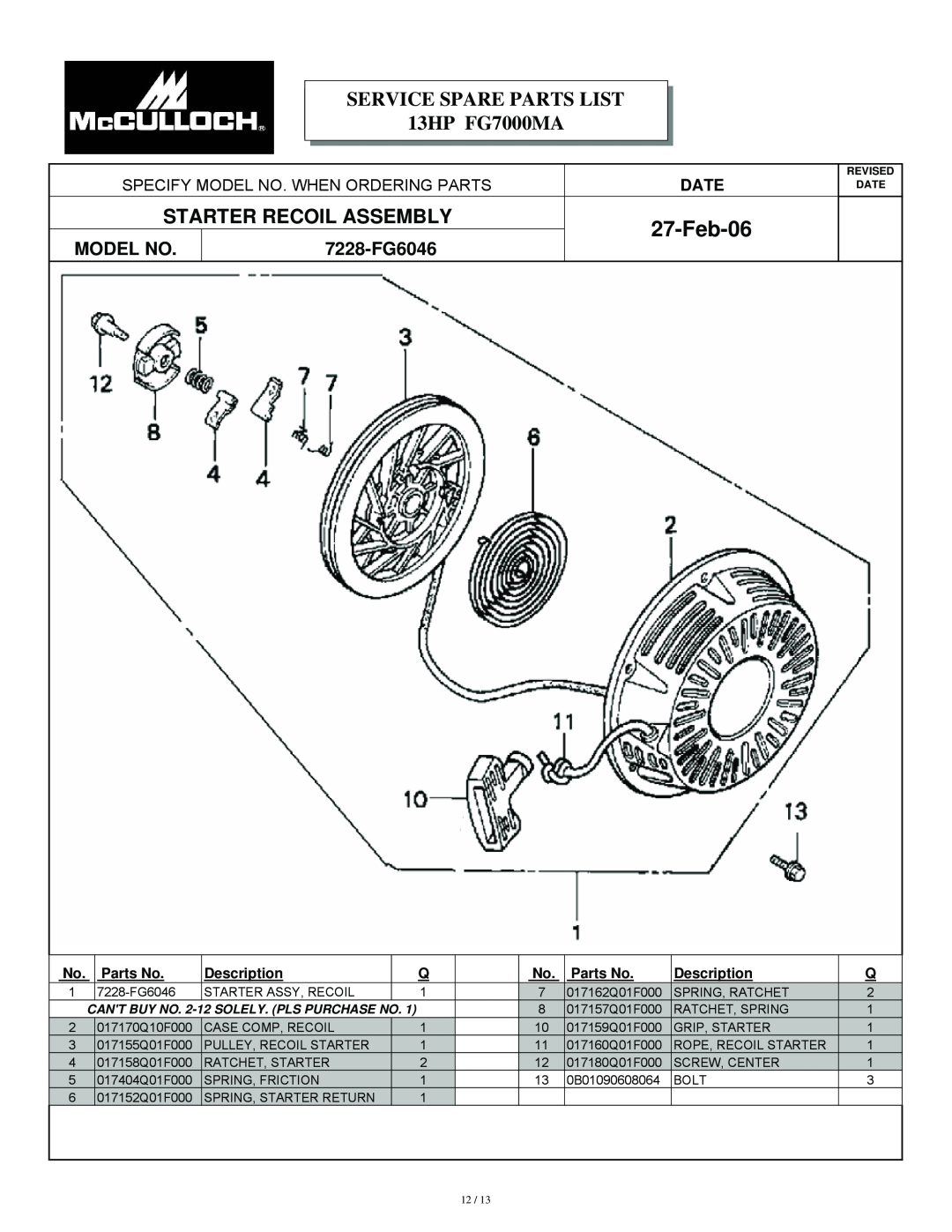 McCulloch 7096-FG7008 Starter Recoil Assembly, 7228-FG6046, Feb-06, Specify Model No. When Ordering Parts, Date 