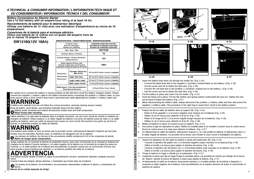 McCulloch 7096-FG7008 E Warning, Rwarning, E Advertencia, Battery Connections for Electric Starter, SW1218012V 18Ah 