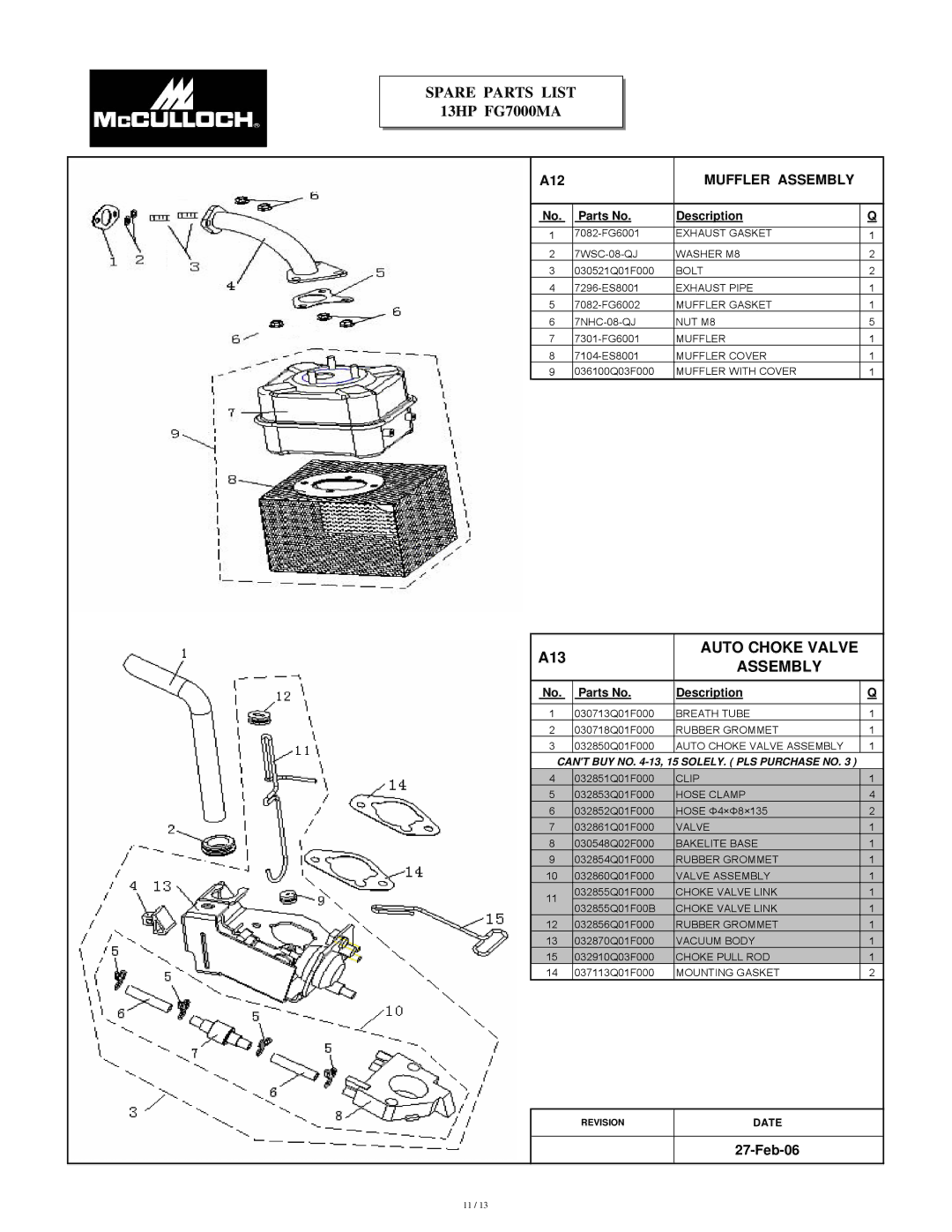 McCulloch FG7000MAUD-C manual Muffler Assembly, Cant BUY no -13, 15 SOLELY. PLS Purchase no 