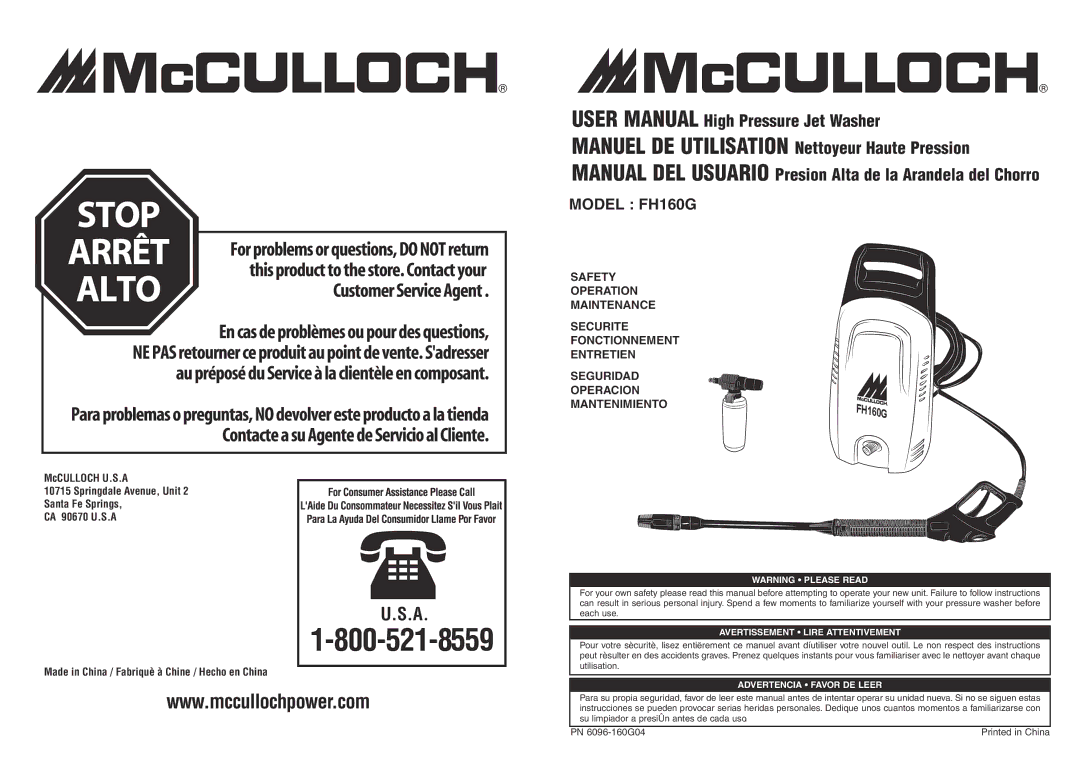 McCulloch 966989801, 6096160G04 user manual Model FH160G 