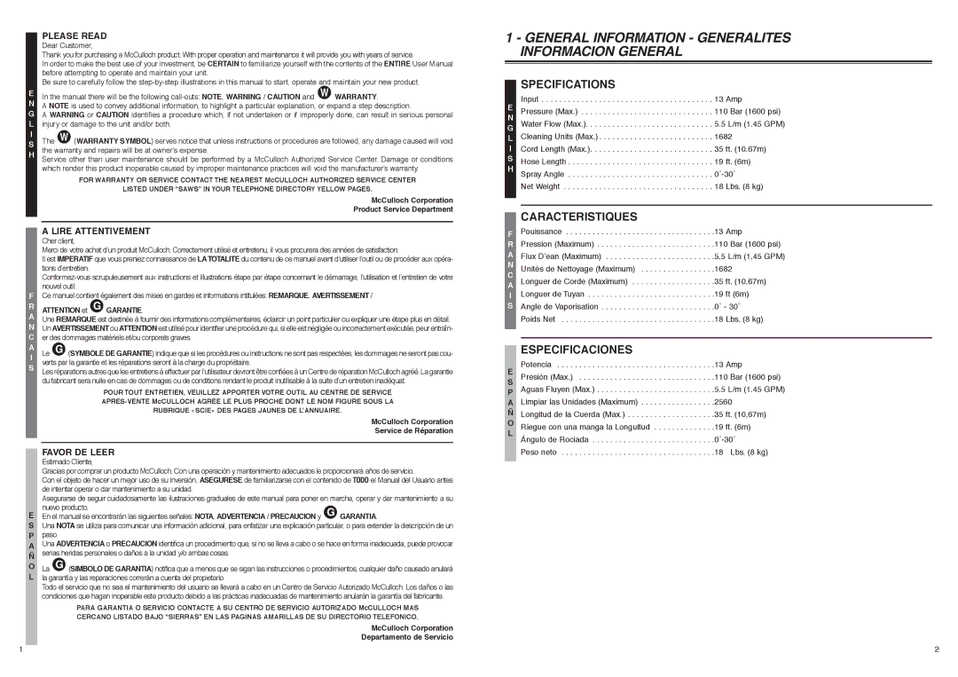 McCulloch 6096160G04, FH160G, 966989801 user manual Please Read, Lire Attentivement, Favor DE Leer Estimado Cliente, Garantie 