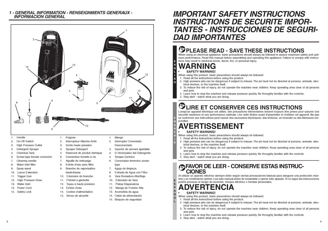 McCulloch FH160G, 966989801, 6096160G04 user manual GN Warning, AN Avertissement, Advertencia, Safety Warning 