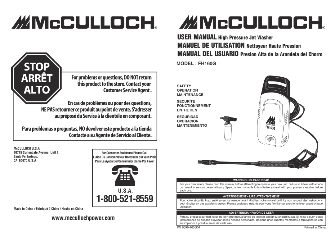 McCulloch 966989801 user manual U.S.A, MODEL FH160G, Safety Operation Maintenance Securite, Mantenimiento, PN 6096-160G04 