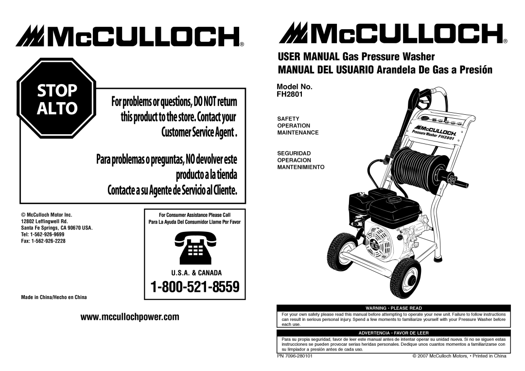 McCulloch 7096-280101, FH2801 user manual Manual DEL Usuario Arandela De Gas a Presión 