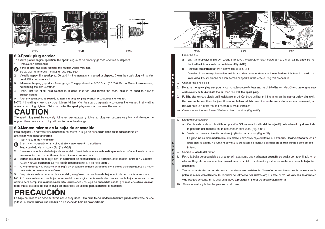 McCulloch 7096-280101, FH2801 user manual Spark plug service, Mantenimiento de la bujía de encendido 