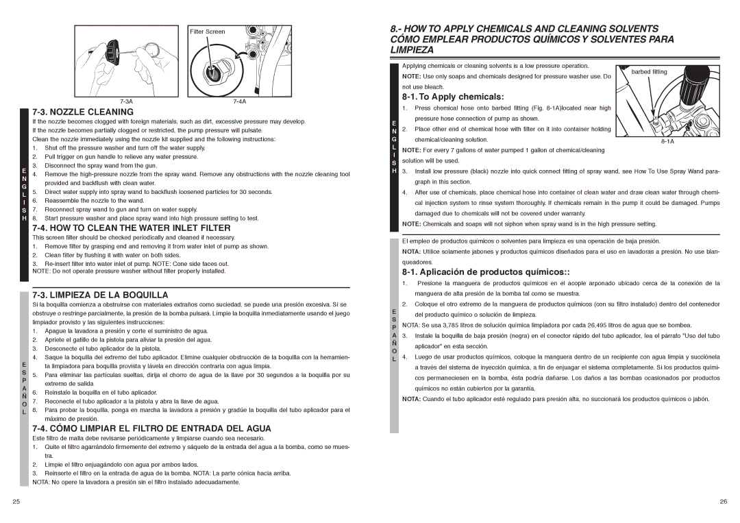 McCulloch FH2801, 7096-280101 user manual Nozzle Cleaning, HOW to Clean the Water Inlet Filter, Limpieza DE LA Boquilla 