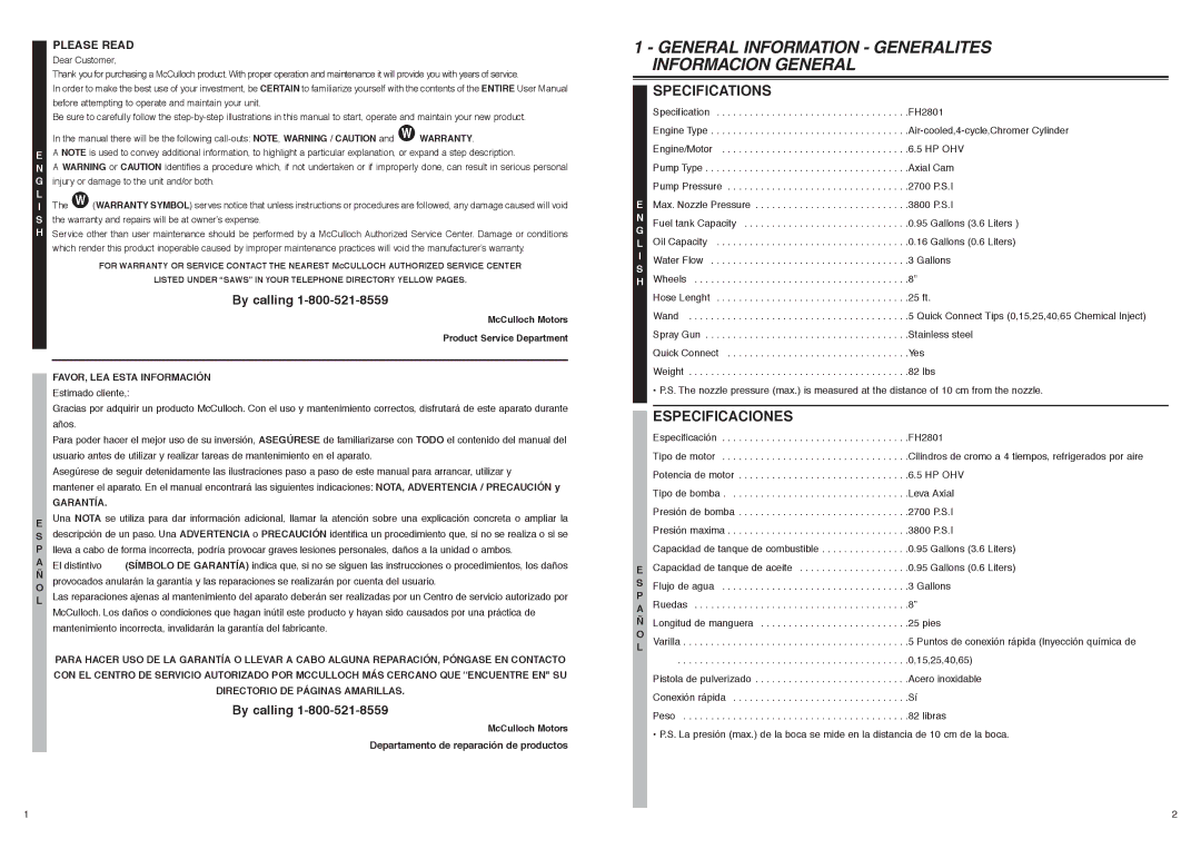 McCulloch FH2801, 7096-280101 user manual Informacion General, Specifications, Especificaciones 