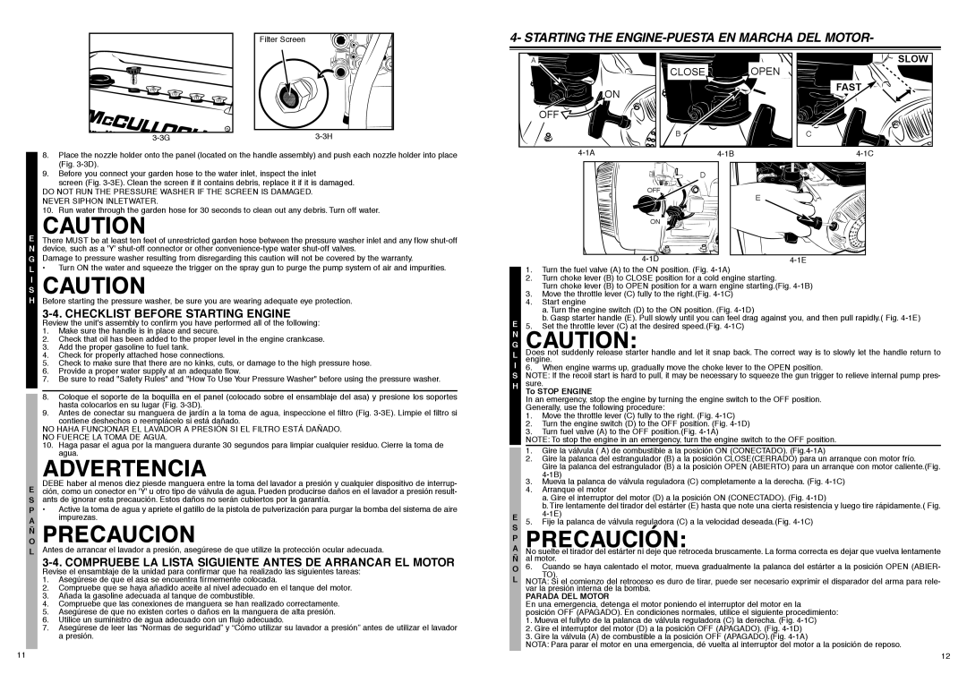 McCulloch 7096-280101, FH2801 user manual SI Caution, Precaucion, Precaución, Starting the ENGINE-PUESTA EN Marcha DEL Motor 