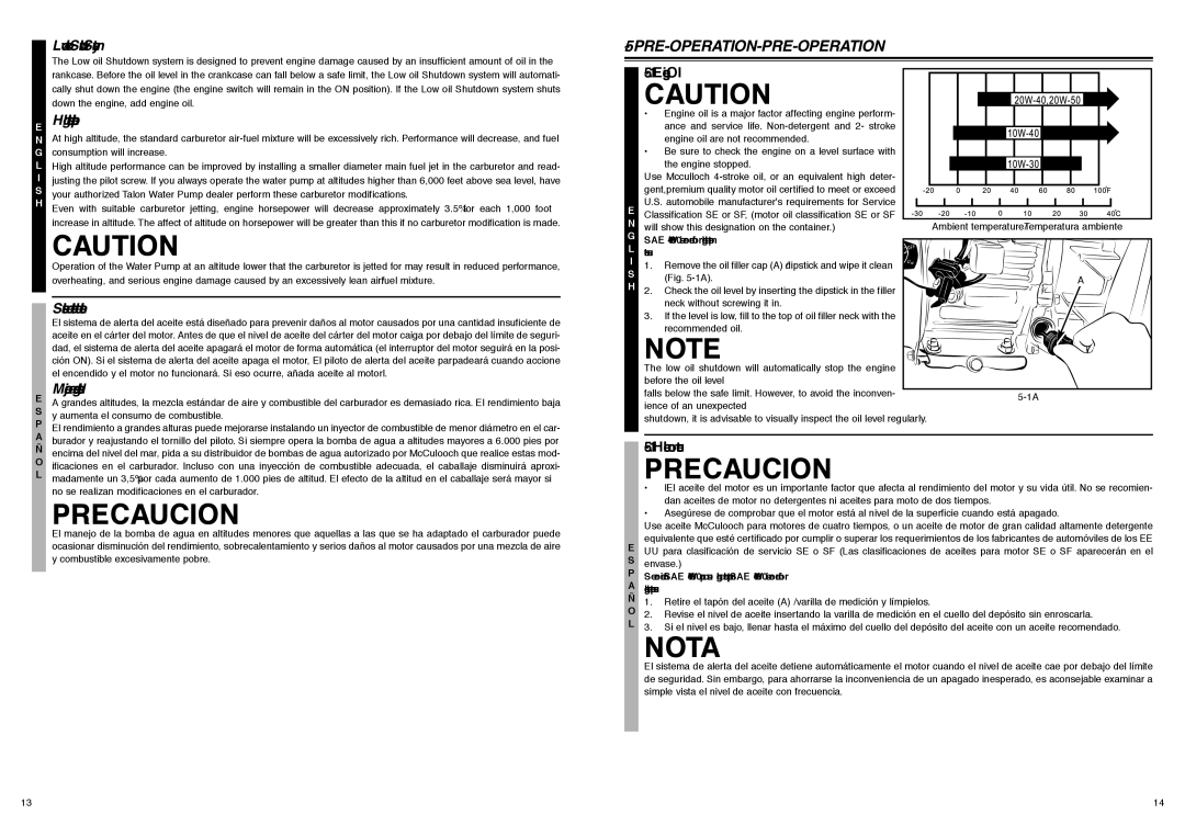 McCulloch FH2801, 7096-280101 user manual Nota, Pre-Operation-Pre-Operation, Engine Oil, Huile moteur 