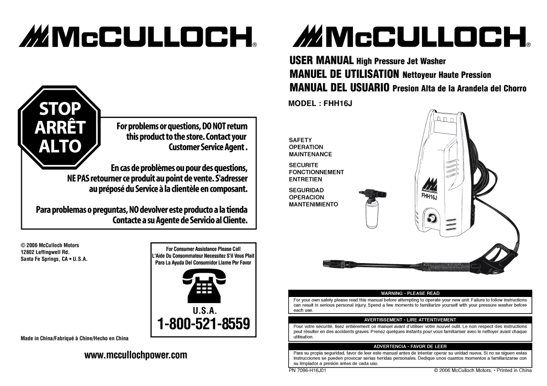 McCulloch FHH16J user manual PN 7096-H16J01 