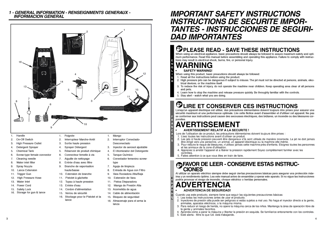 McCulloch 7096-H16J01, FHH16J user manual GN Warning, AN Avertissement, Advertencia, Safety Warning 