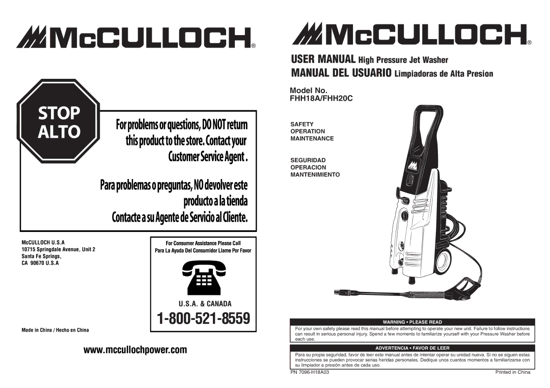 McCulloch FHH20C manual Manual DEL Usuario Limpiadoras de Alta Presion 