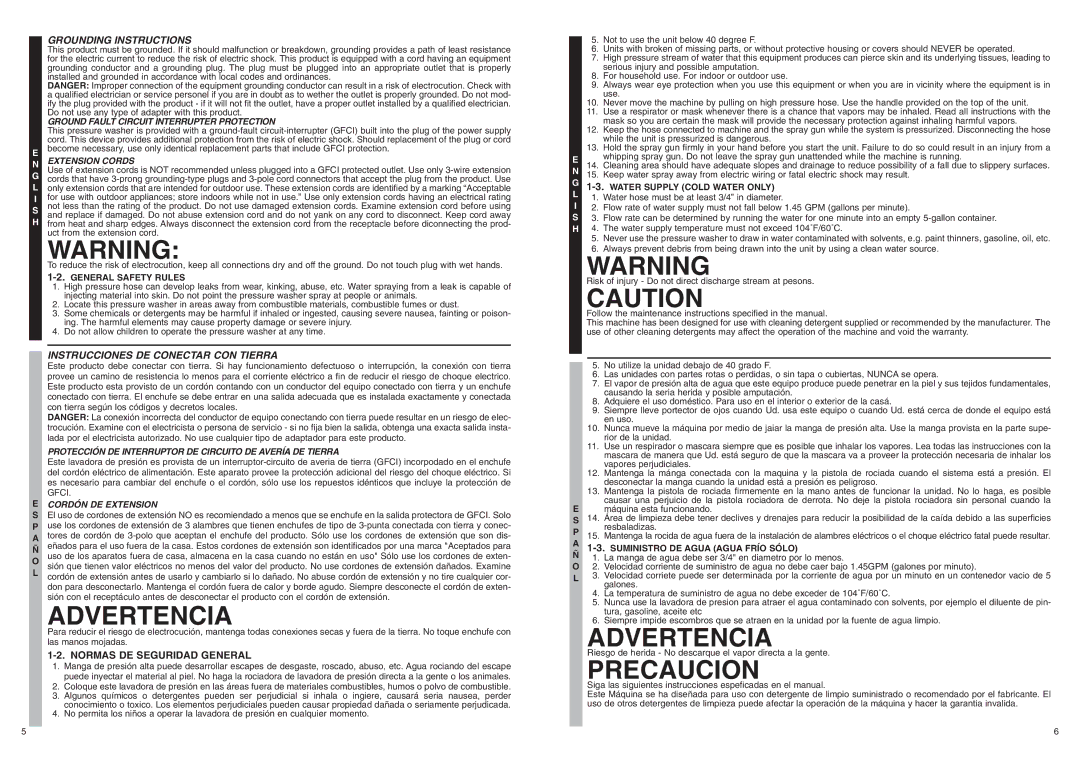 McCulloch FHH20C manual Precaucion, Normas DE Seguridad General, General Safety Rules, Water Supply Cold Water only 