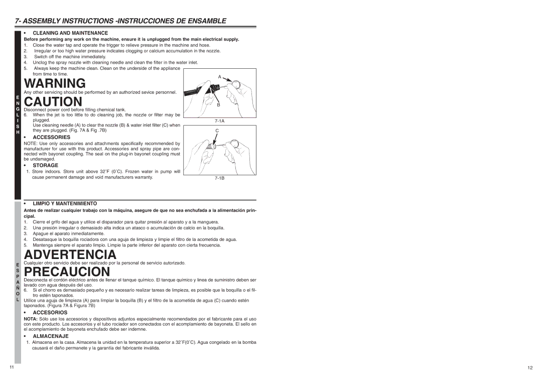 McCulloch FHH20C manual Cleaning and Maintenance, Accessories Storage, Limpio Y Mantenimiento, Accesorios, Almacenaje 