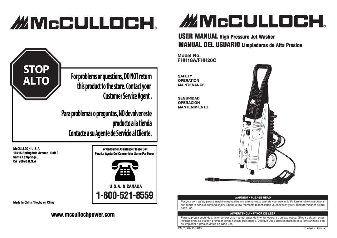 McCulloch manual MANUAL DEL USUARIO Limpiadoras de Alta Presion, Model No FHH18A/FHH20C, Mantenimiento, PN 7096-H18A03 