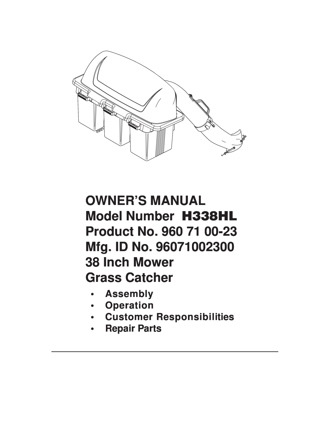 McCulloch 96071002300, H338HL owner manual Product No. 960 71 Mfg. ID No. 38 Inch Mower, Grass Catcher, Repair Parts 