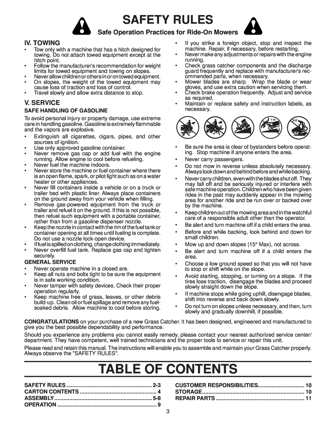 McCulloch H338HL Table Of Contents, Iv. Towing, V. Service, Safety Rules, Safe Operation Practices for Ride-OnMowers 