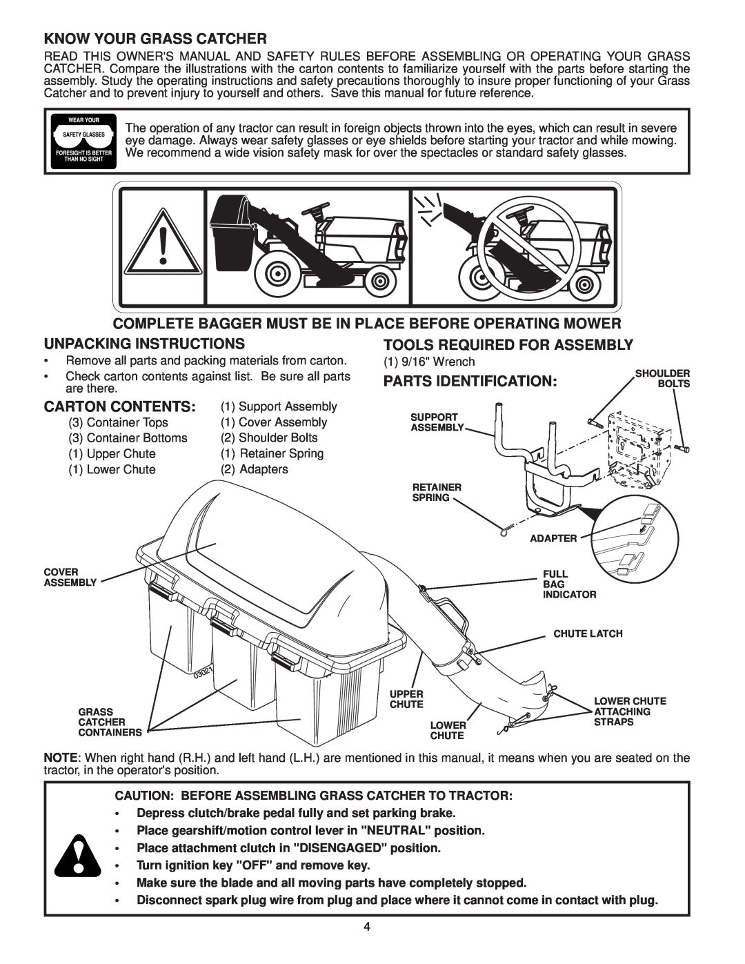 McCulloch 96071002300, H338HL Know Your Grass Catcher, Unpacking Instructions, Parts Identification, Carton Contents 