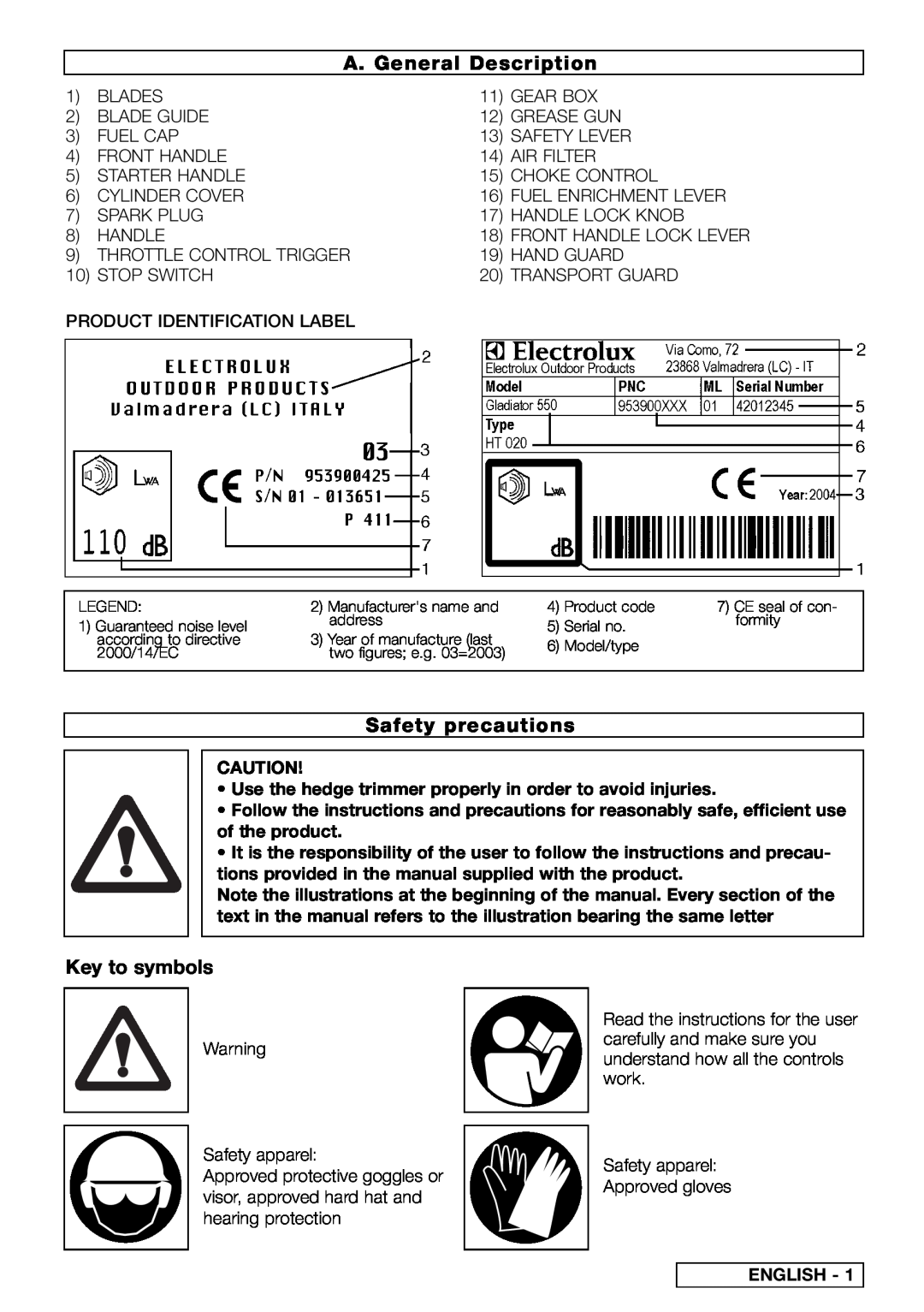 McCulloch 95390000600, HC60, HC70, 95390052200, 65, 63 A. General Description, Safety precautions, Key to symbols, English 