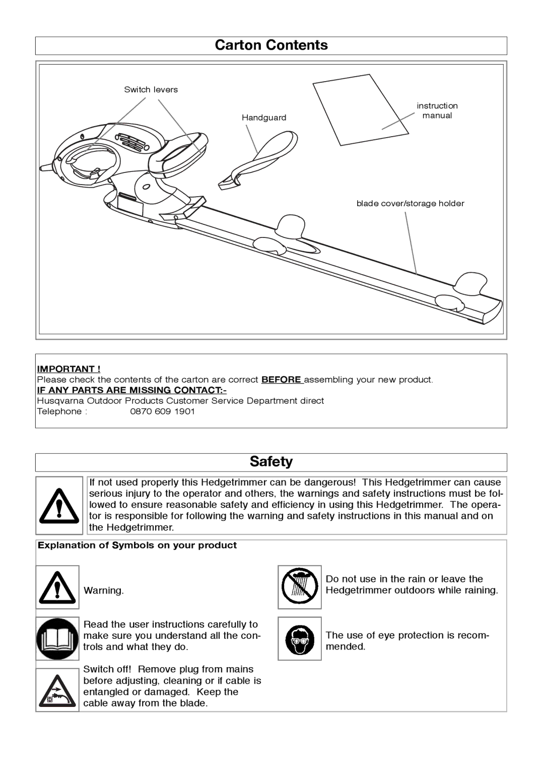 McCulloch HT60, HT45, HT510, 964815901, 964814401, 964815301, 964814301 manual Carton Contents, Safety 