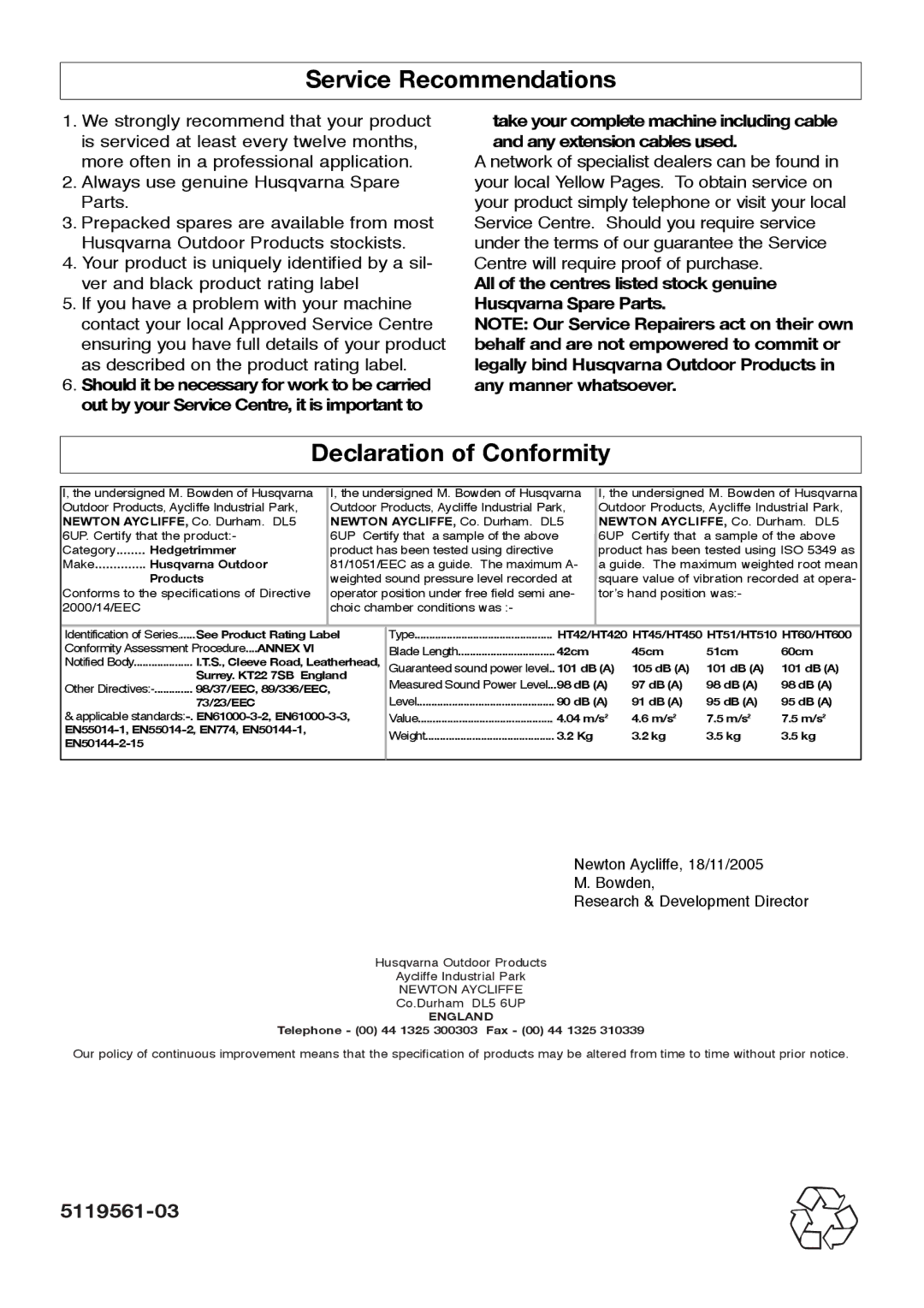 McCulloch HT45, HT60, HT510, 964815901, 964814401, 964815301, 964814301 Service Recommendations, Declaration of Conformity 