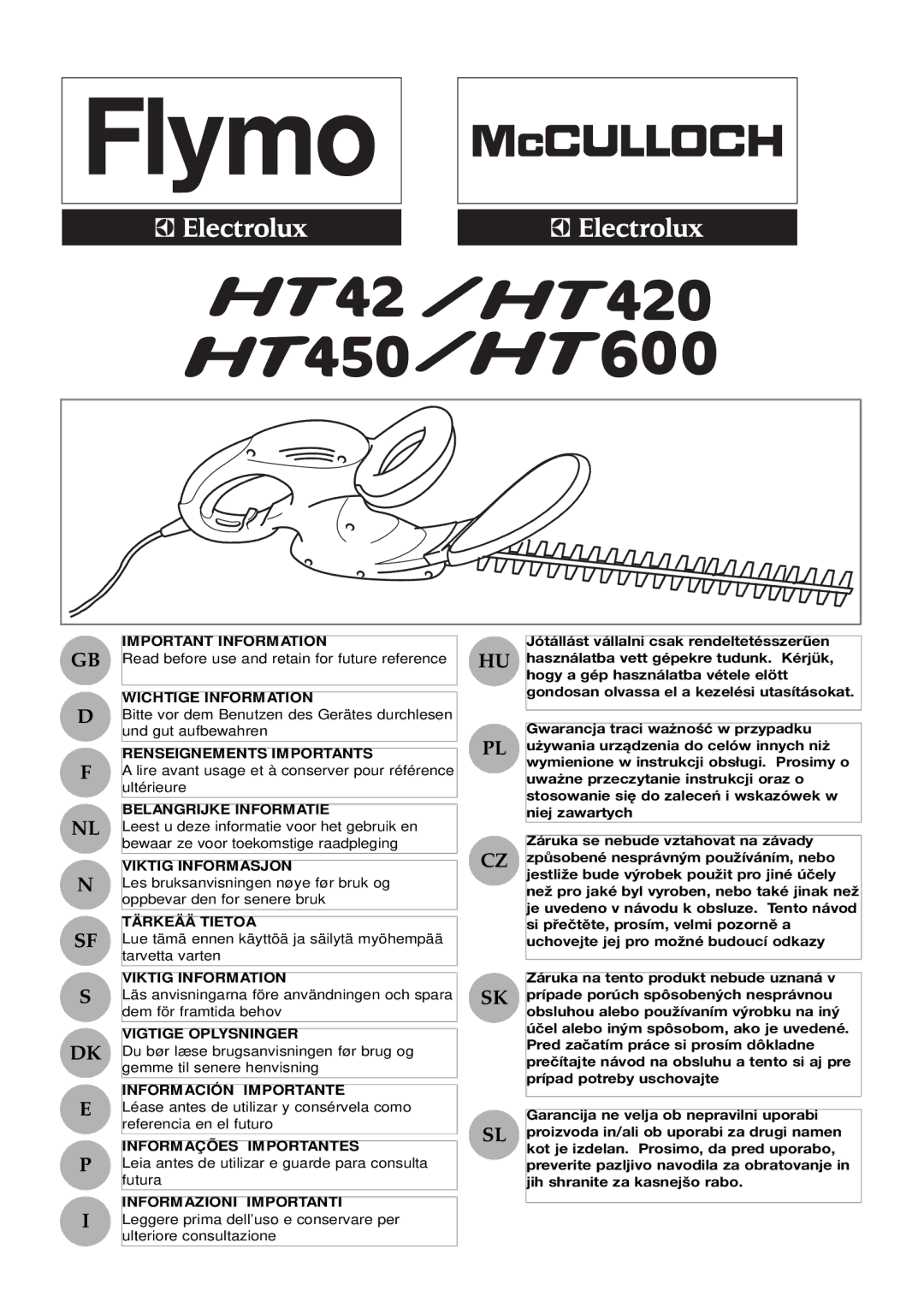 McCulloch HT420, HT600, HT450, 96481476200, 5119562-01 manual Important Information 