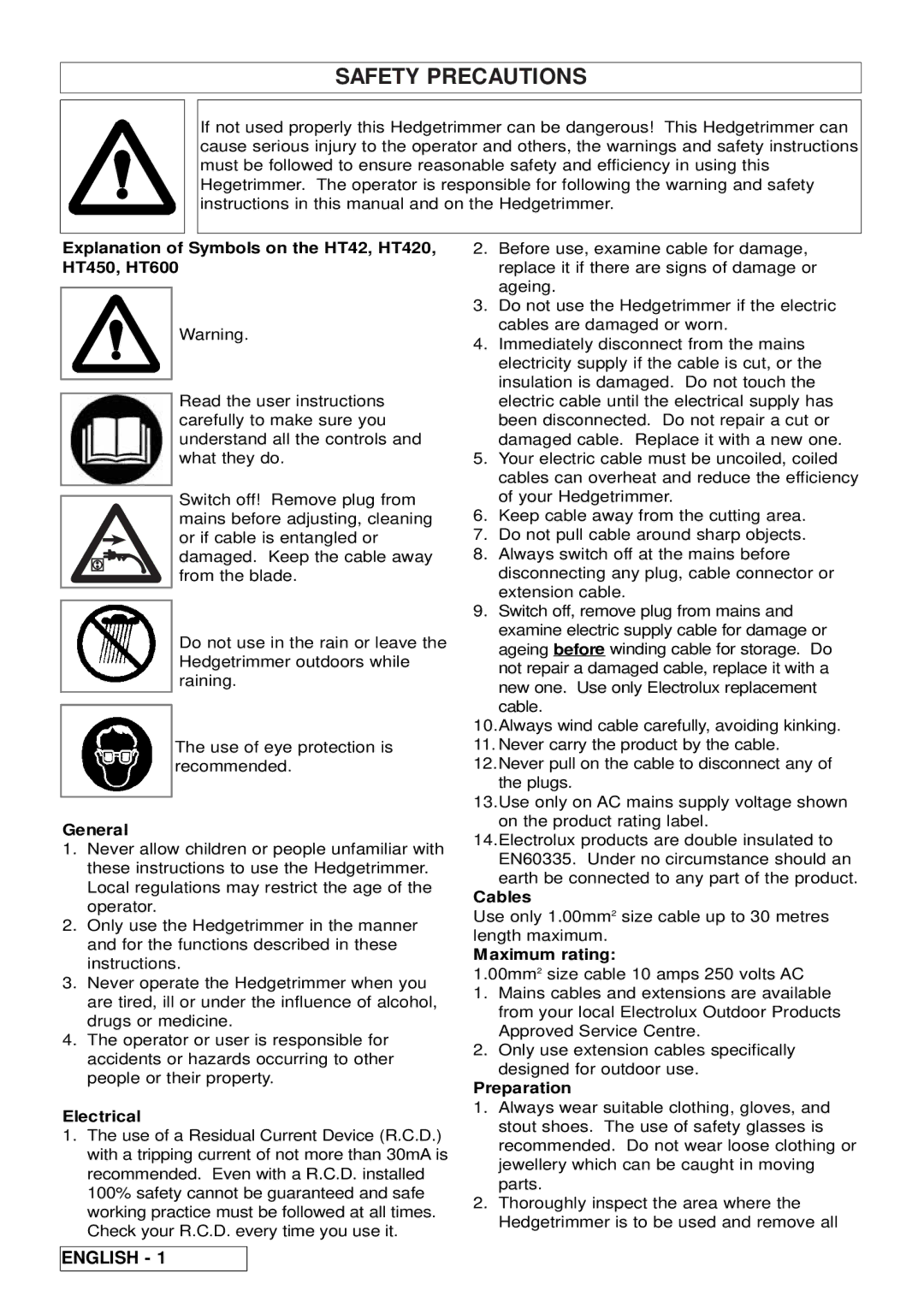 McCulloch manual Explanation of Symbols on the HT42, HT420, HT450, HT600, General, Electrical, Cables, Maximum rating 