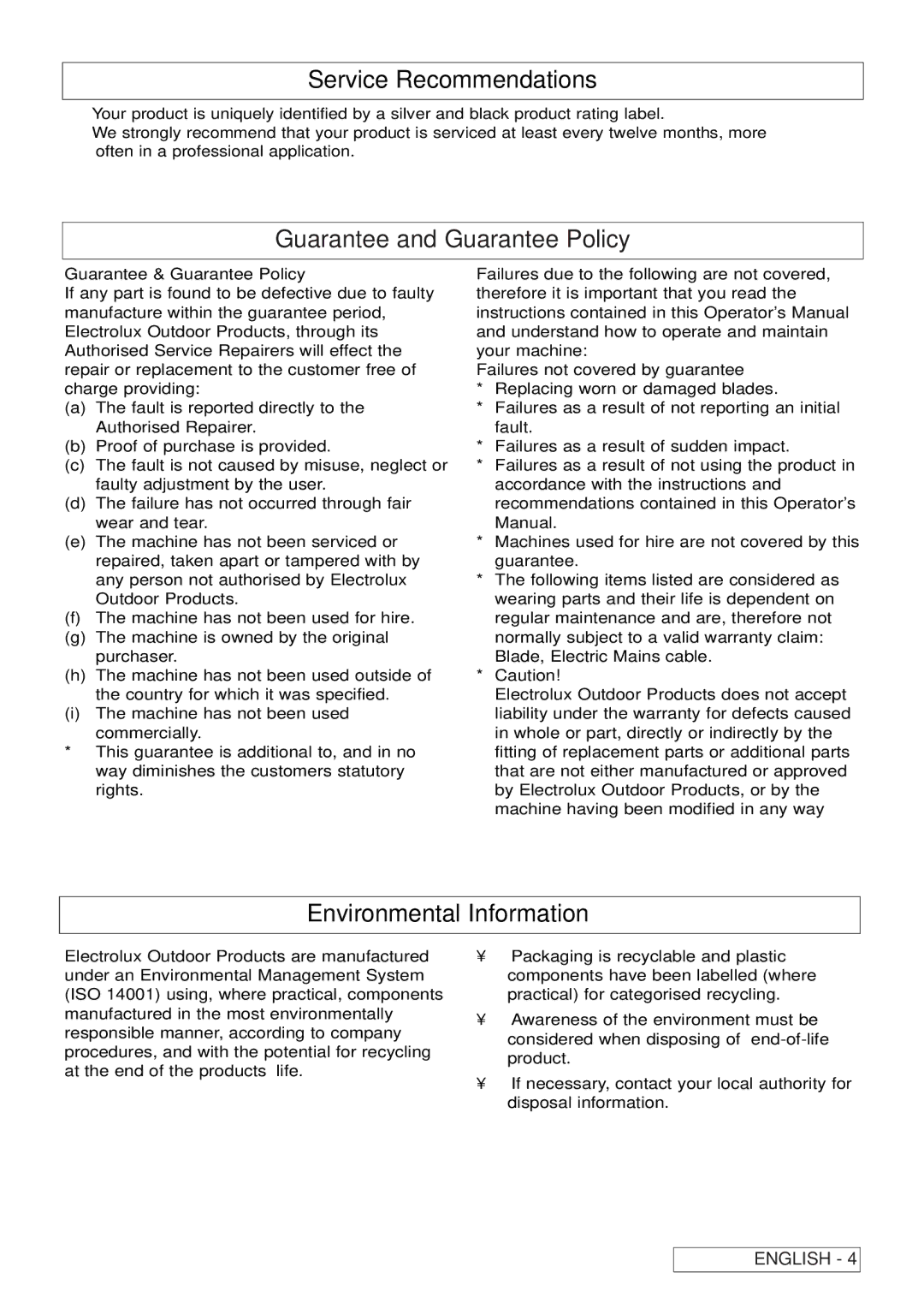 McCulloch HT600, HT420, HT450 manual Service Recommendations, Environmental Information, Guarantee & Guarantee Policy 