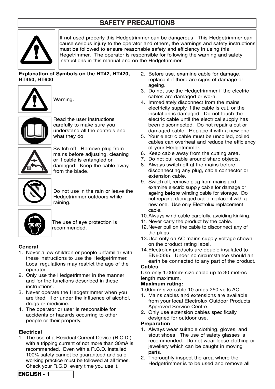 McCulloch Safety Precautions, English, Explanation of Symbols on the HT42, HT420, HT450, HT600, General, Electrical 