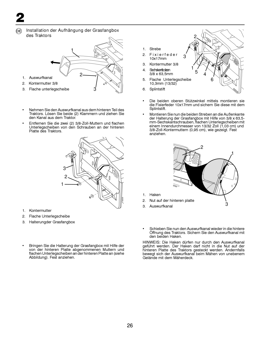 McCulloch RE155107RB, LZ12597RB, M13597RB, LZ13597RBK, 960610234 Installation der Aufhängung der Grasfangbox des Traktors 