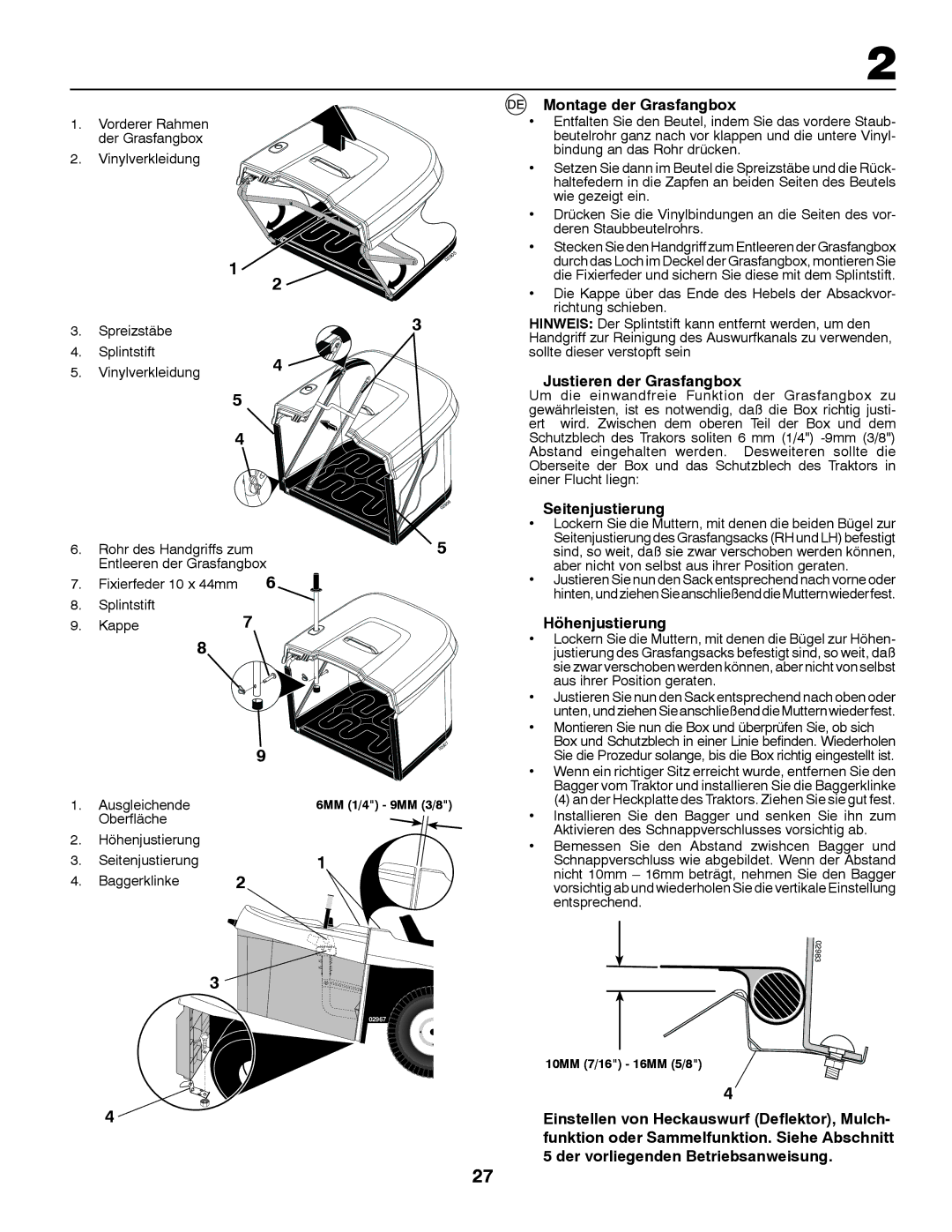 McCulloch 532 43 13-20 Rev. 3 Montage der Grasfangbox, Justieren der Grasfangbox, Seitenjustierung, Höhenjustierung 