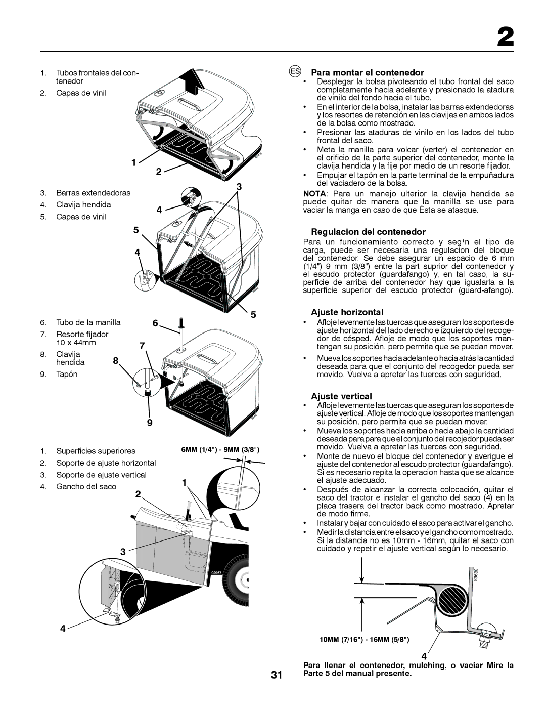 McCulloch 960610234, LZ12597RB Para montar el contenedor, Regulacion del contenedor, Ajuste horizontal, Ajuste vertical 