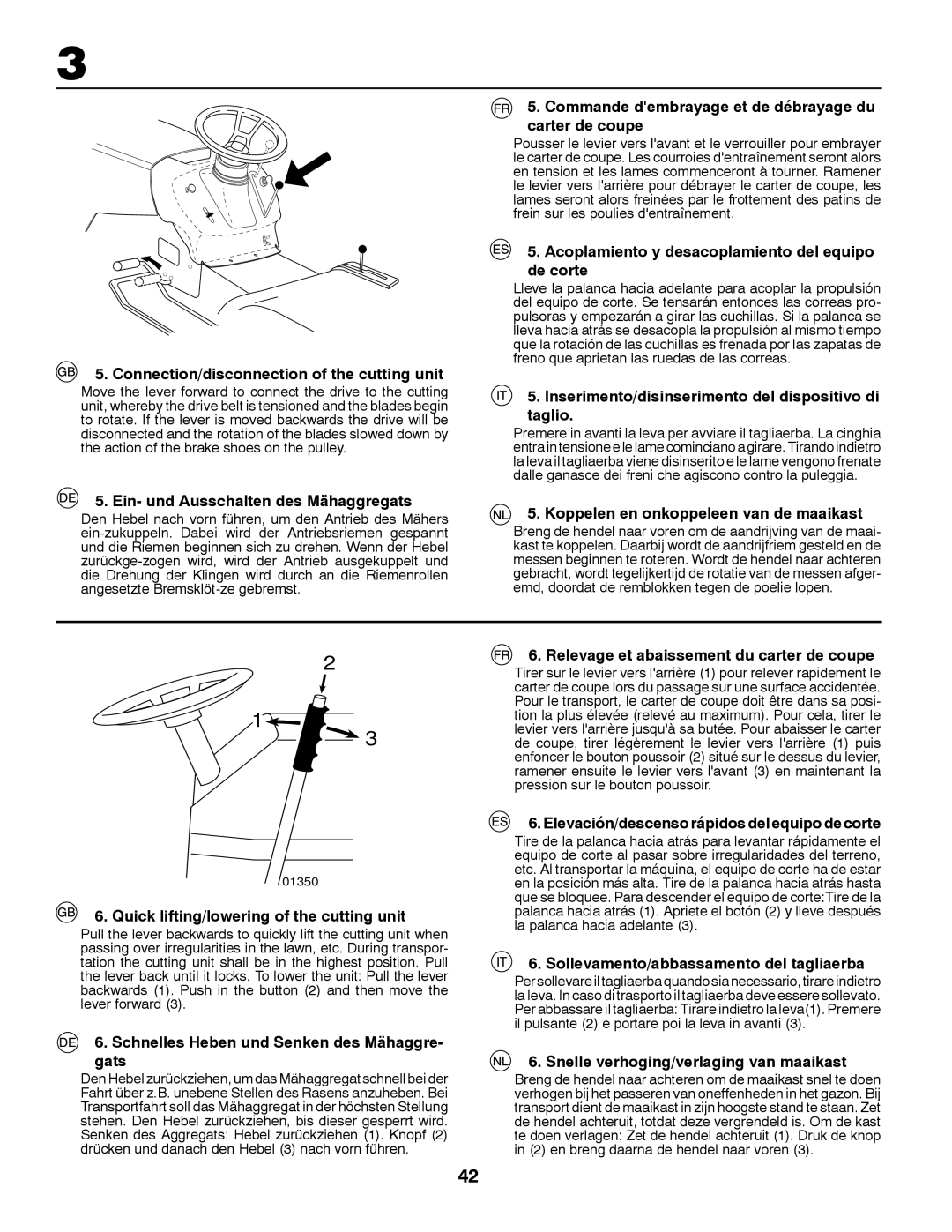 McCulloch LZ12597RB, M13597RB, P13597RB Connection/disconnection of the cutting unit, Ein- und Ausschalten des Mähaggregats 