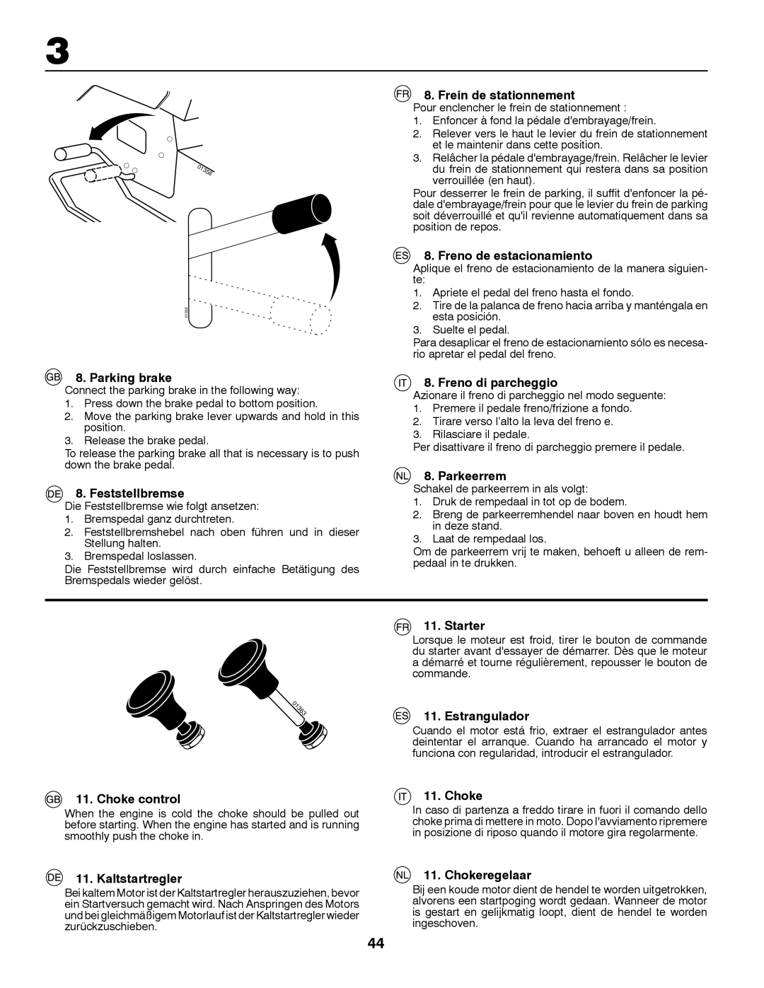 McCulloch LZ13597RBK Parking brake, Feststellbremse, Choke control, Kaltstartregler, Frein de stationnement, Parkeerrem 