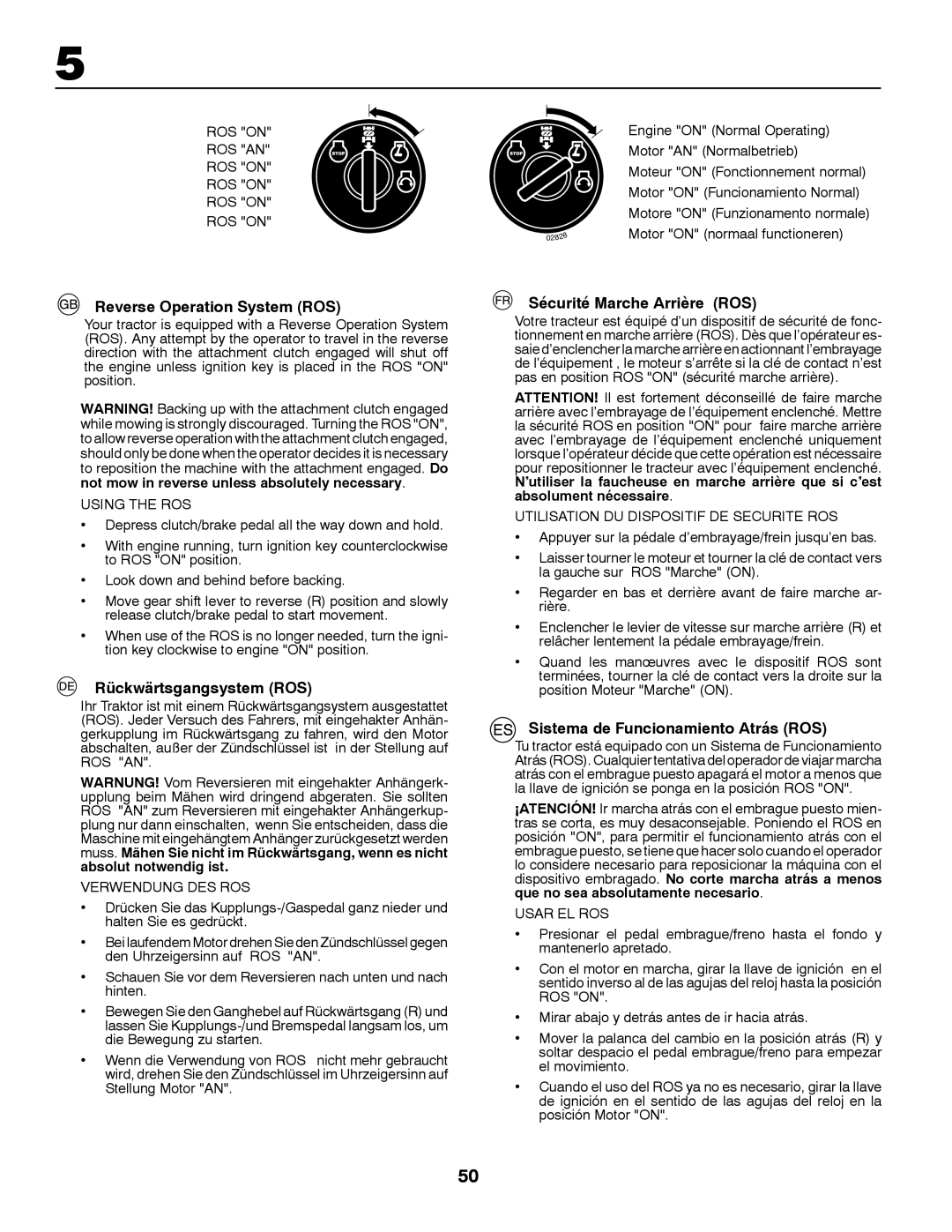 McCulloch M13597RB, LZ12597RB, 960610234 Reverse Operation System ROS, Rückwärtsgangsystem ROS, Sécurité Marche Arrière ROS 