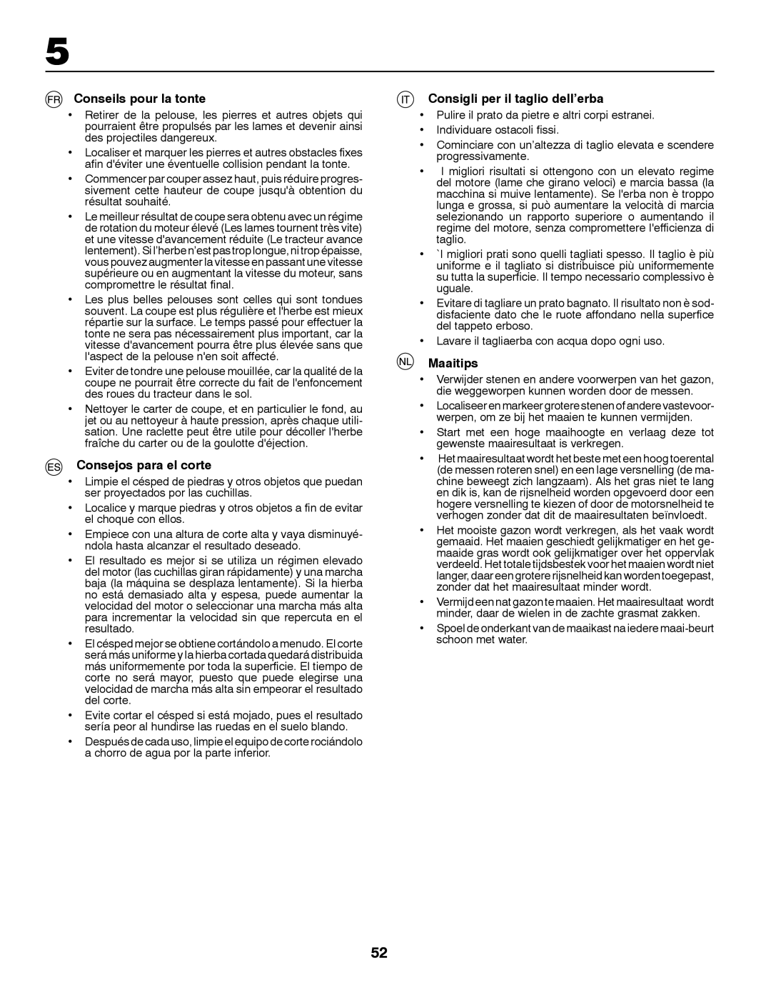 McCulloch 960610234, LZ12597RB Conseils pour la tonte, Consejos para el corte, Consigli per il taglio dell’erba, Maaitips 