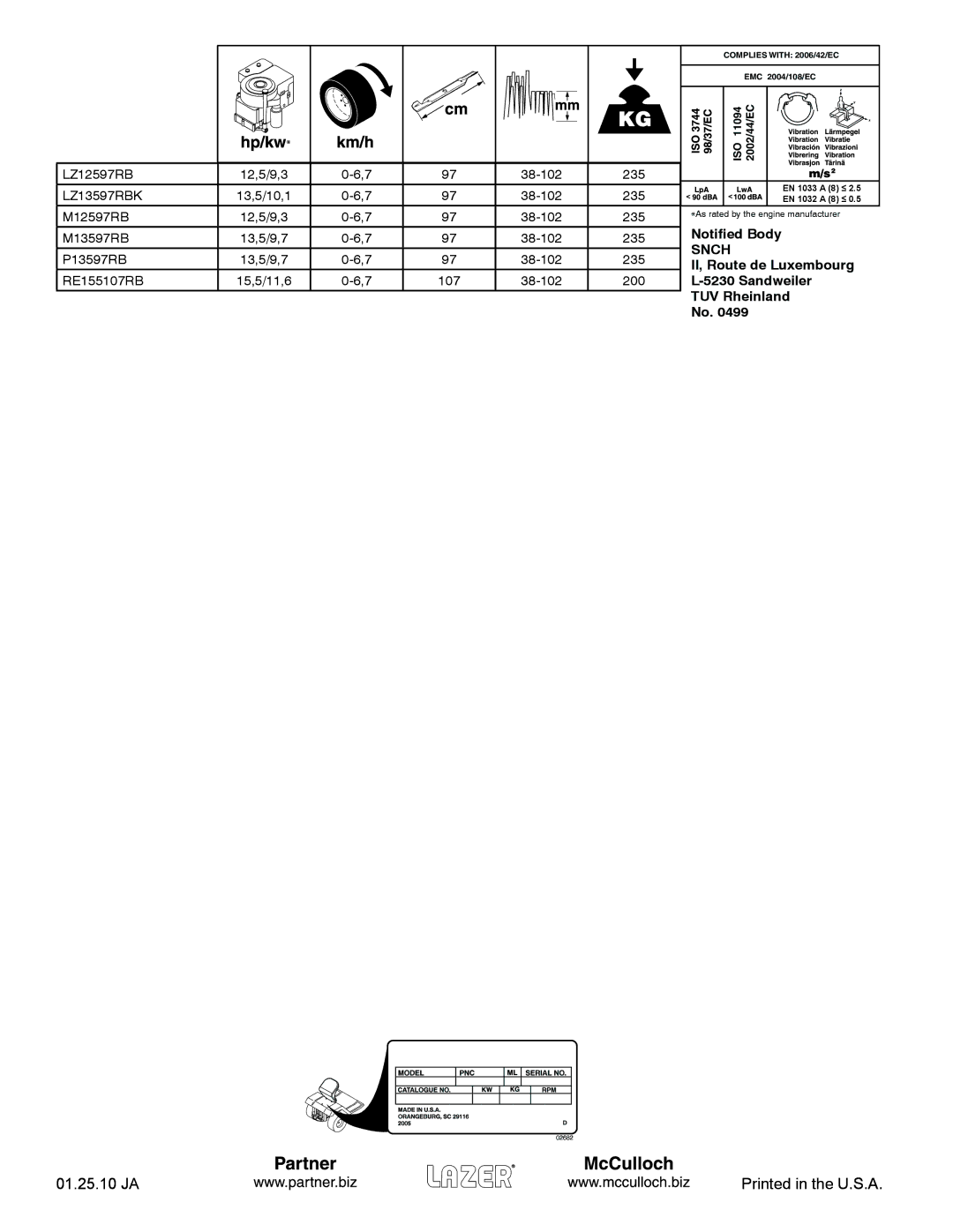 McCulloch LZ12597RB, M13597RB, LZ13597RBK, 960610234, P13597RB, RE155107RB, 532 43 13-20 Rev. 3 instruction manual 01.25.10 JA 