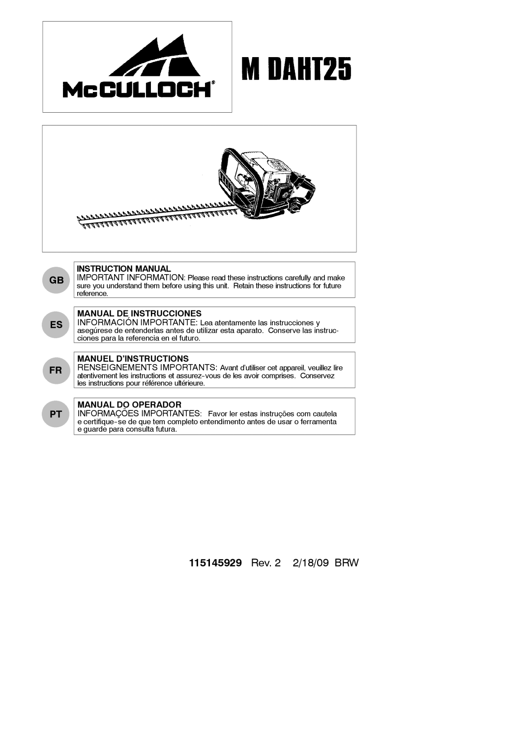 McCulloch 952715737, M DAHT25 instruction manual Manual DE Instrucciones, Manuel D’INSTRUCTIONS, Manual do Operador 