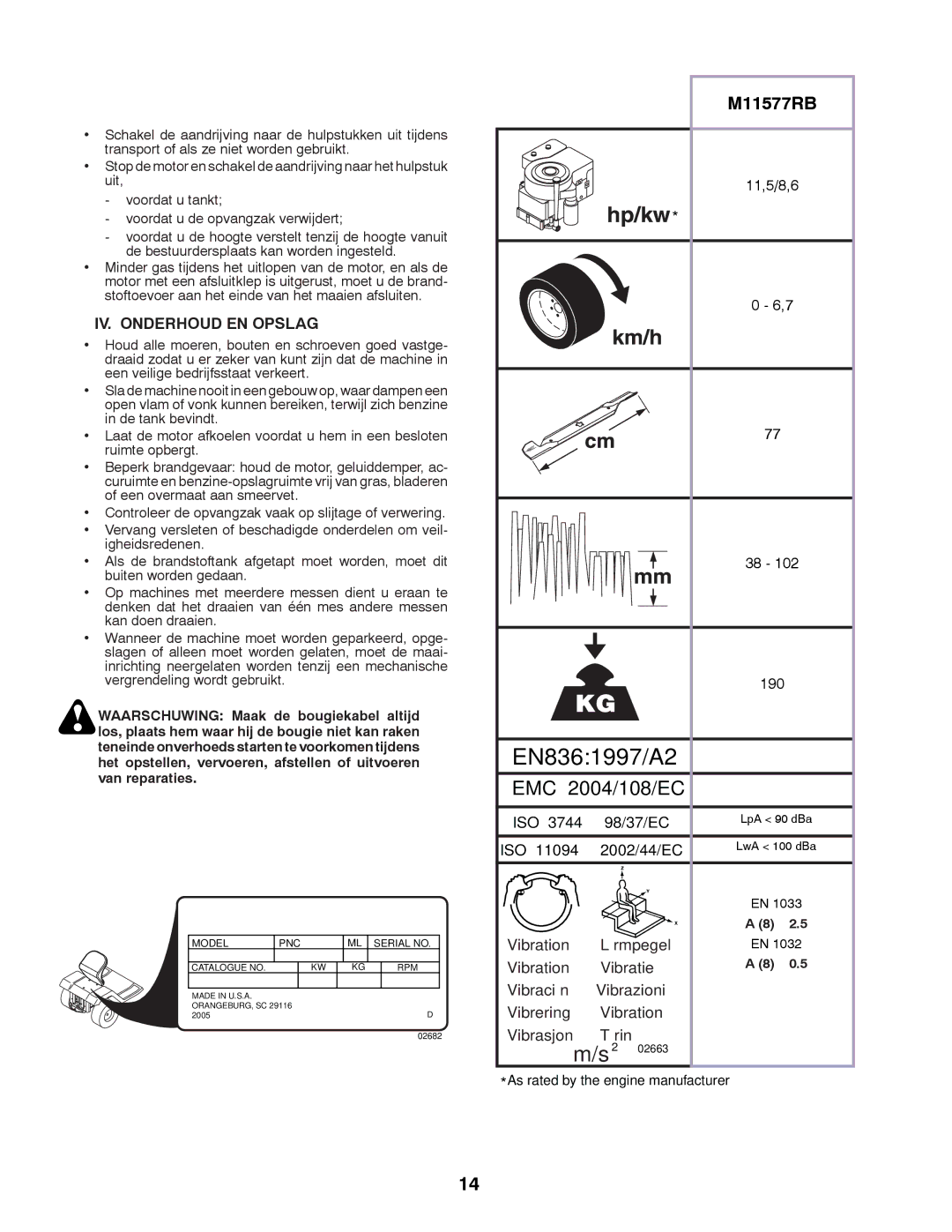 McCulloch M11577RB, 96041012300 instruction manual IV. Onderhoud EN Opslag, 190, 11,5/8,6 