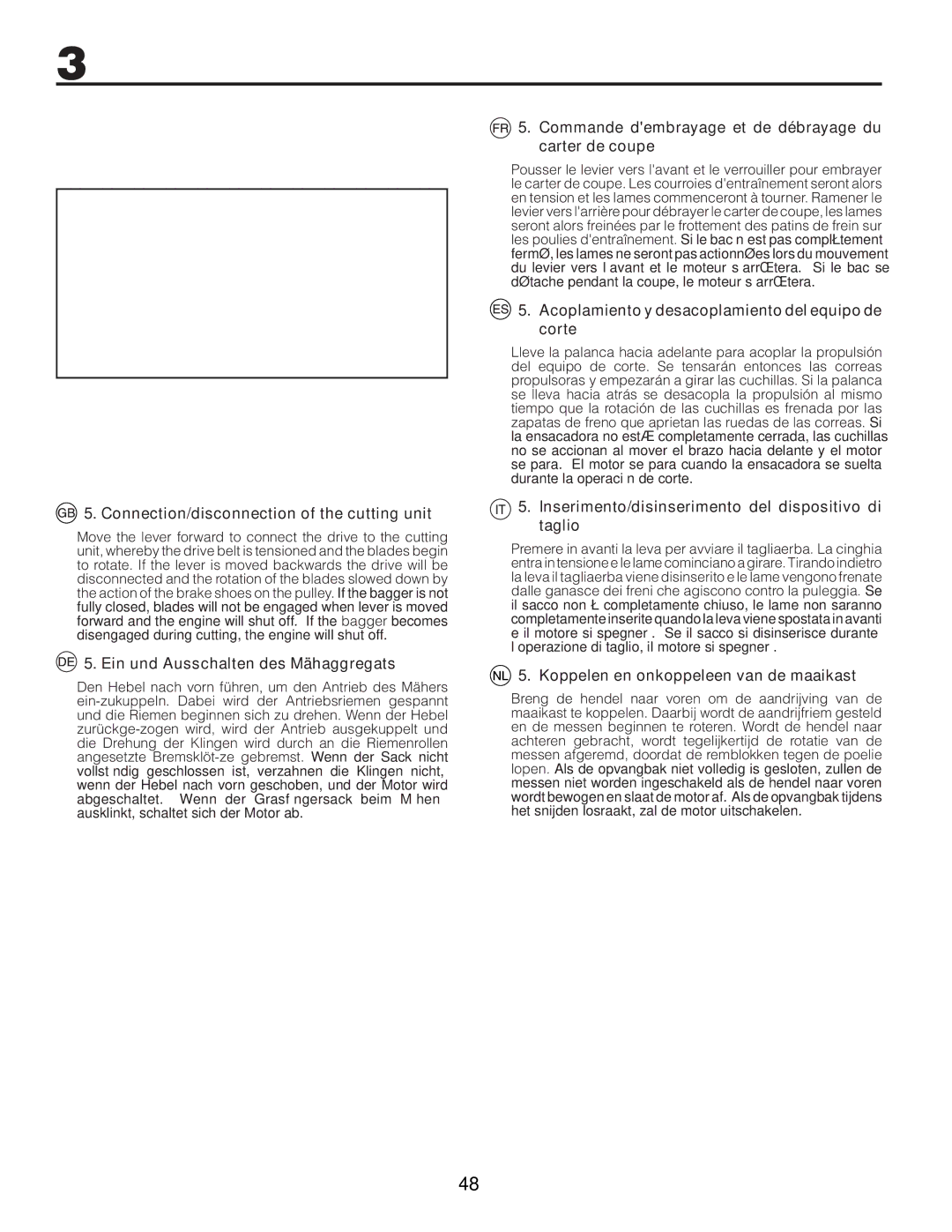 McCulloch M11577RB, 96041012300 Connection/disconnection of the cutting unit, Ein und Ausschalten des Mähaggregats 