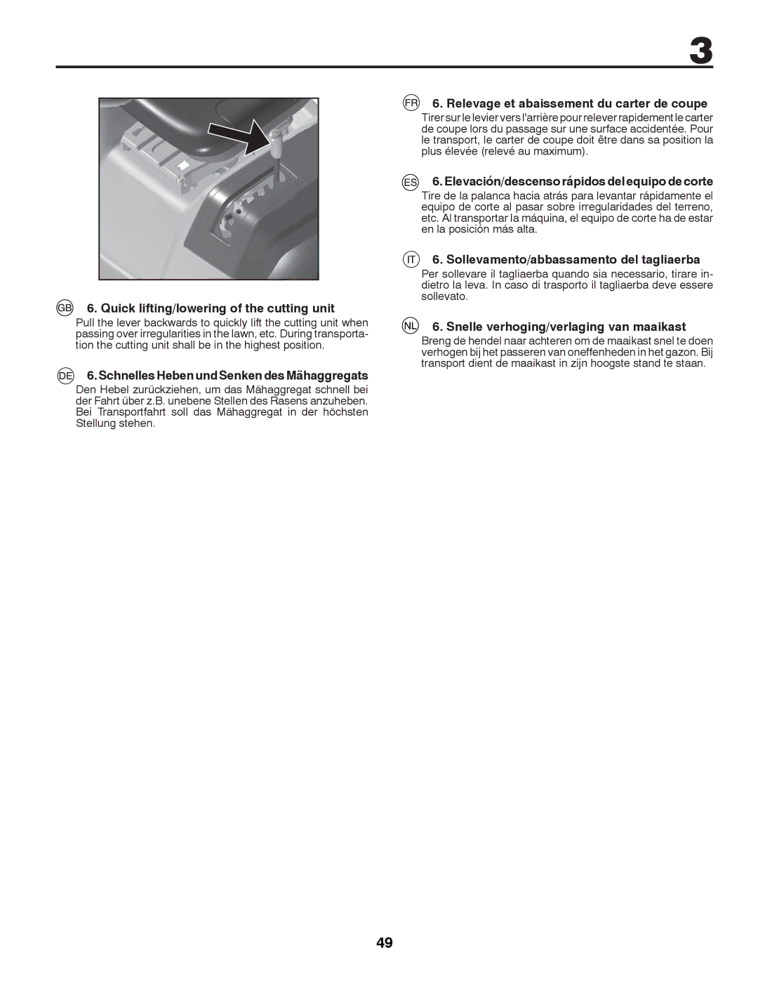 McCulloch 96041012300, M11577RB Quick lifting/lowering of the cutting unit, Schnelles Heben und Senken des Mähaggregats 