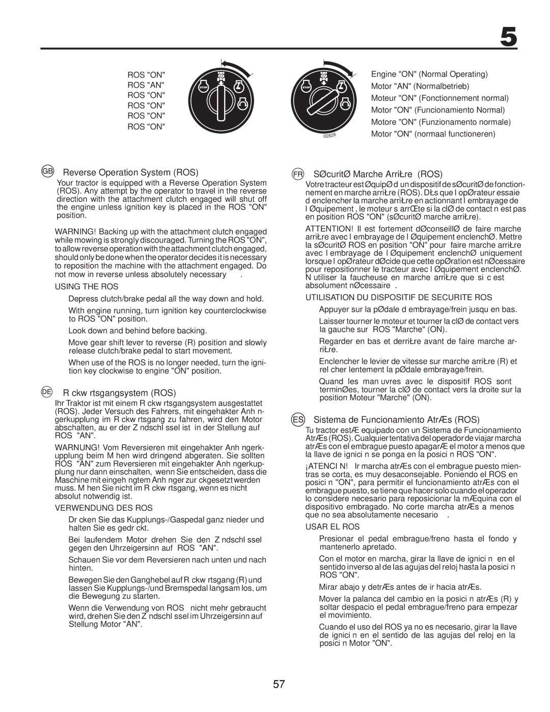 McCulloch 96041012300, M11577RB Reverse Operation System ROS, Rückwärtsgangsystem ROS, Sécurité Marche Arrière ROS 