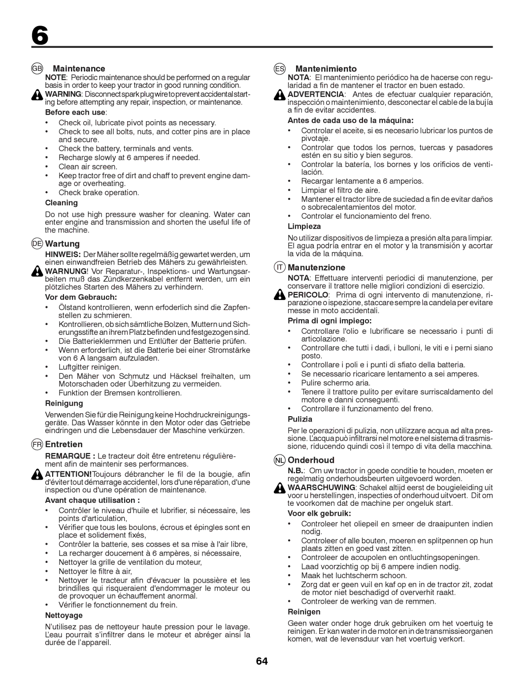 McCulloch M11577RB, 96041012300 instruction manual Maintenance, Wartung, Entretien, Mantenimiento, Manutenzione, Onderhoud 